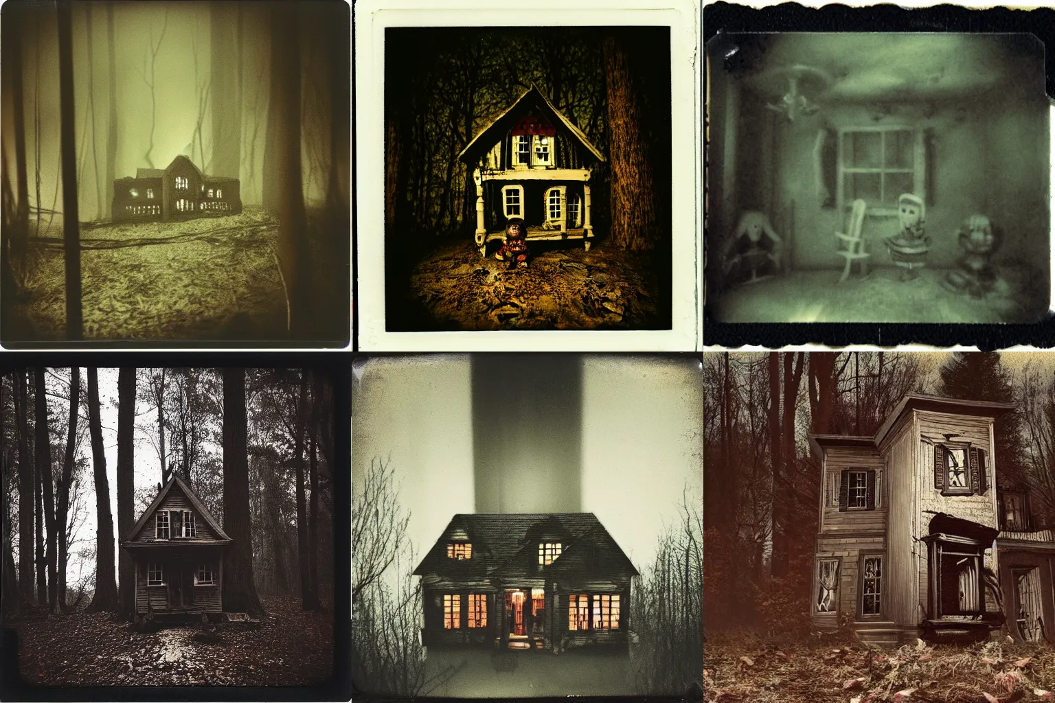 Prompt: an eerie polaroid photograph of a scary evil horrifying doll house in the woods, nighttime, dimly lit, creepy hd 4k