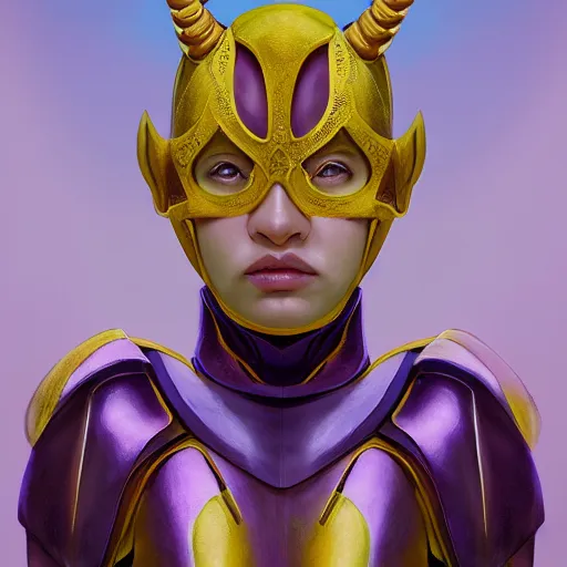 Image similar to A professional digital portrait painting of a young adult female tiefling, painted by Wes Anderson, painted by Hayao Miyazaki, dressed in light armor, 4k, digital art, trending on cgsociety, highly detailed, head and shoulders shot, shallow depth of field, purple and yellow lighting, professional lighting, airbrush,