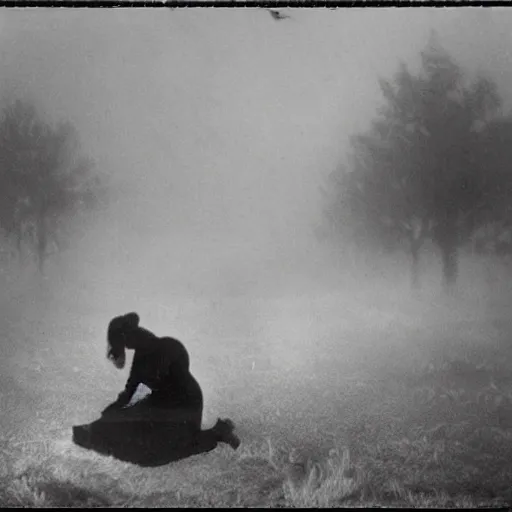 Image similar to a woman soul looking at his grave, night, fog, 1 9 0 0's photo