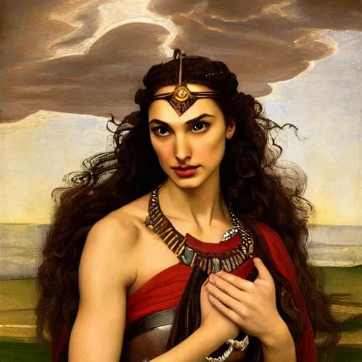 Image similar to Head and shoulders masterpiece portrait oil painting of the beautiful goddess Gal Gadot as Persephone, she is wearing roman clothes and a surreal jewelry, her hair is natural disheveled, she is approaching heaven over the clouds, naturalism, dramatic lighting, high-detailed oil painting by Ilya Repin, Michelangelo da Caravaggio, William Blake, Alex Grey and Beksinski, trending on Artsation, hystorical painting, naturalism, masterpiece, 4k, 8k,