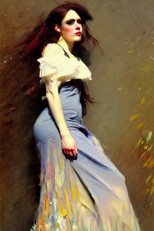 Image similar to impressionist brushstrokes!!!!!!!!! solomon joseph solomon and richard schmid and jeremy lipking victorian loose genre loose painting full length portrait painting of a young beautiful woman punk rocker