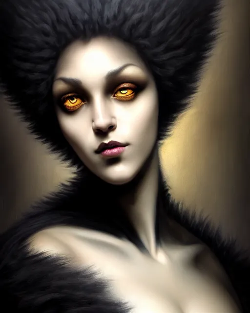 Image similar to a portrait of black furry shadow nightmare monster hybrid human in a background of deep shadows, illustration, dramatic lighting, soft details, painting oil on canvas, art nouveau, octane render, HDR, 4k, 8k, HD, by Edmund Blair Leighton, Brom, Charlie Bowater, trending on artstation, Tom Bagshaw, faces by otto Schmidt