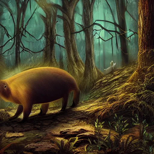 Prompt: capybara monster creature in a dark forest, disturbing horror decaying capybara, trending on artstation, by dan mumford, octane render, anime style