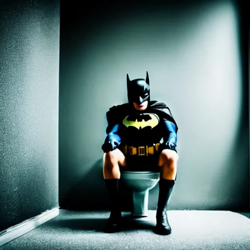 Prompt: close shot photo of batman sitting on a toilet, dirty tiles in the wall, tight room, dramatic lights, dark colours