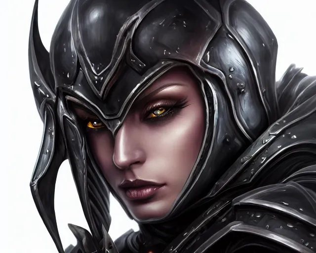 Image similar to extreme close up portrait of a dark elf in futuristic black leather armor, reflective black, bottom up lighting, stoic, poised, deep focus, d & d, fantasy, intricate, highly detailed, digital painting, artstation, concept art, matte, sharp focus, illustration, hearthstone, art by artgerm and greg rutkowski and alphonse mucha