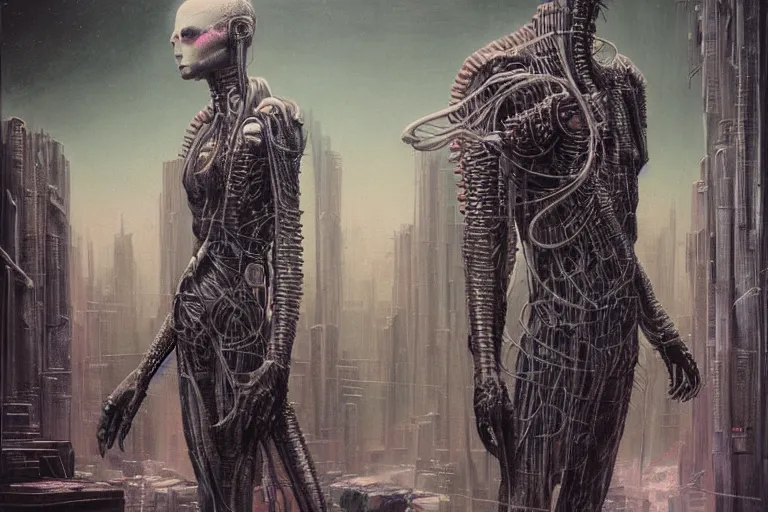 Image similar to highly detailed concept art of neuromancer characters, dystopian post - apocalyptic retrofuturistic neon vibe, an ultrafine detailed painting by hans giger and wayne barlowe, trending on deviantart, pop surrealism, whimsical, lowbrow, perfect symmetrical face, sharp focus, octane, masterpiece