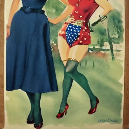 Image similar to full body pin up post war dressing a military unioform,with a park in the back ground, water color, Gil Elvgren style