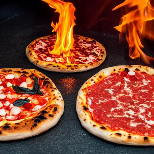 Prompt: burning! neapolitan! pizza! margherita!!, volcano, night, smoke, fire, flames