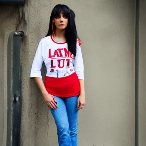 Image similar to character design of a latina cute girl using tight white and red raglan sleeves with tight blue jeans and cool shoes, having silky long black hair with bangs