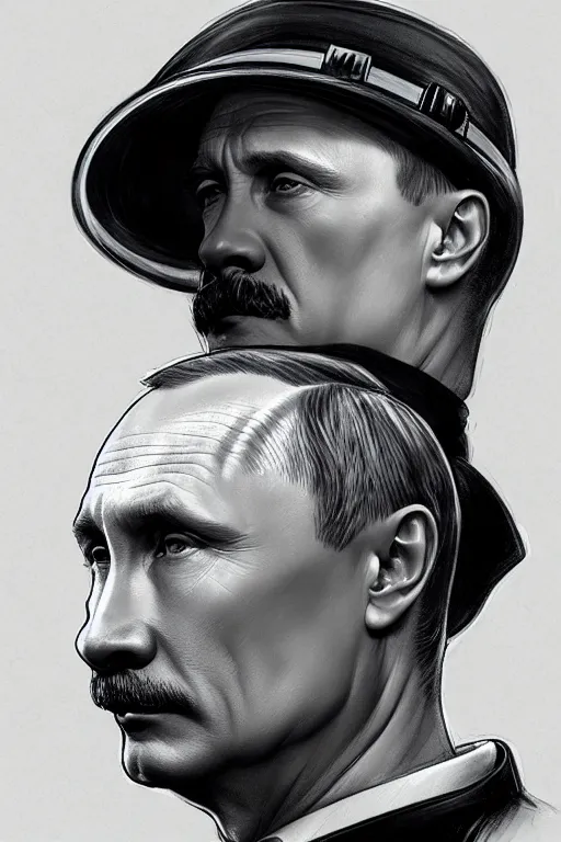 Image similar to vladimir putin as hitler, realistic portrait, symmetrical, highly detailed, digital painting, artstation, concept art, smooth, sharp focus, illustration, cinematic lighting, art by artgerm and greg rutkowski and alphonse mucha