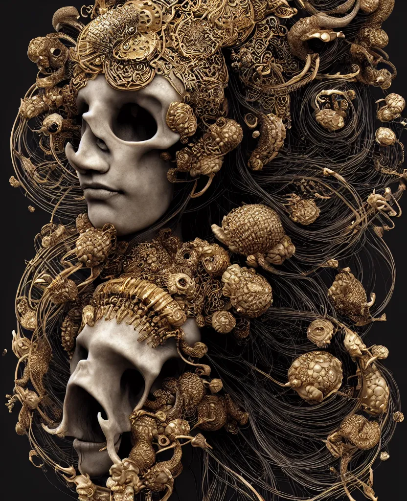 Image similar to goddess princess face close-up portrait ram skull. sculpture made of black clay and gold. jellyfish phoenix head, nautilus, orchid, skull, betta fish, bioluminiscent creatures, intricate artwork by Tooth Wu and wlop and beeple. octane render, trending on artstation, greg rutkowski very coherent symmetrical artwork. cinematic, hyper realism, high detail, octane render, 8k