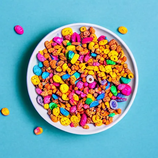 Prompt: a bowl of colorfull cereal falling off a table, studio lighting, food photography