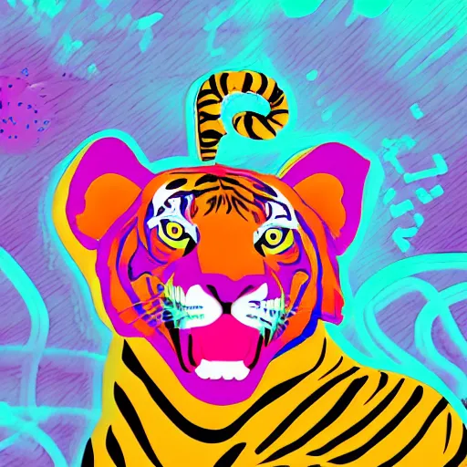 Prompt: A tiger in a lab coat with a 1980s Miami vibe, digital art