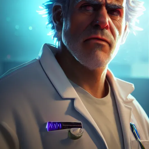 Prompt: portrait art of rick sanchez, lab coat, 8 k ultra realistic, lens flare, atmosphere, glow, detailed, intricate, full of colour, cinematic lighting, trending on artstation, 4 k, hyperrealistic, focused, extreme details, unreal engine 5, cinematic, masterpiece