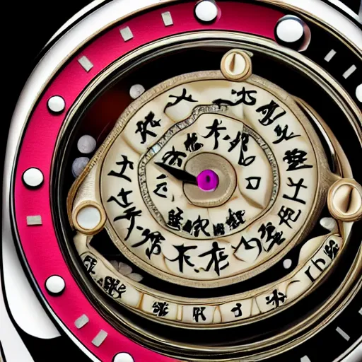 Image similar to hyper realistic watch face macro chinese numerals, van cleef and arpels, photorealistic, photograph, macro