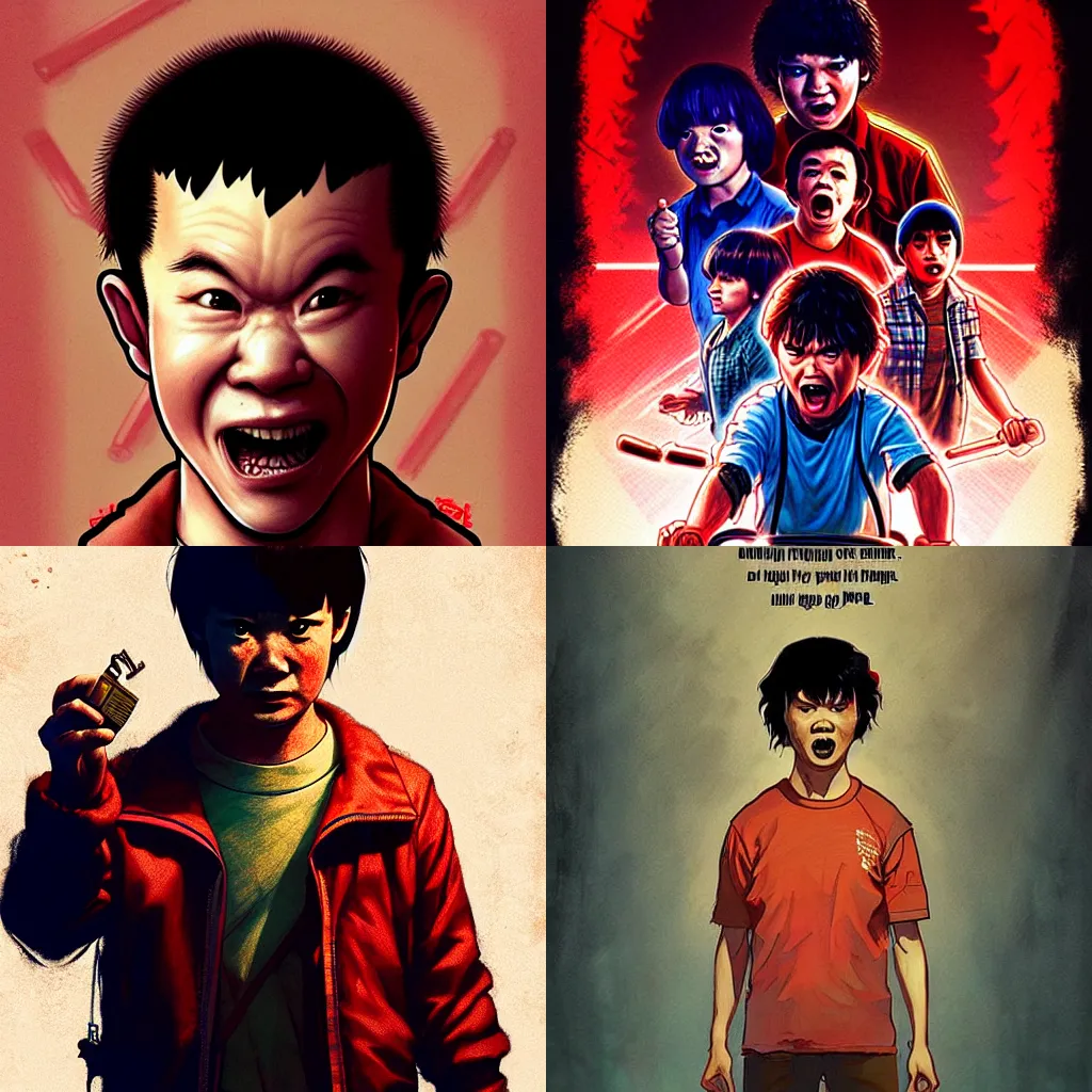 Prompt: crazy asian man as the character of stranger things by artgrem, greg rutkowski, ross tran, kuvshinov