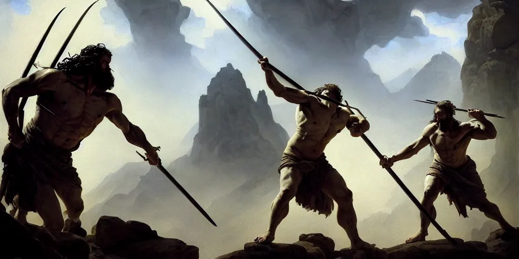 Image similar to realistic painting of biblical Cain with a spear fighting Abel with a scythe, a stone altar with white smoke ascending in the background, masculine and rugged, inspired art by Frazetta + facial symmetry + dramatic volumetric lighting, well lit, 8k octane render, intricate, epic composition, grim yet sparkling atmosphere, cinematic lighting + masterpiece, trending on artstation, very detailed, masterpiece, stunning