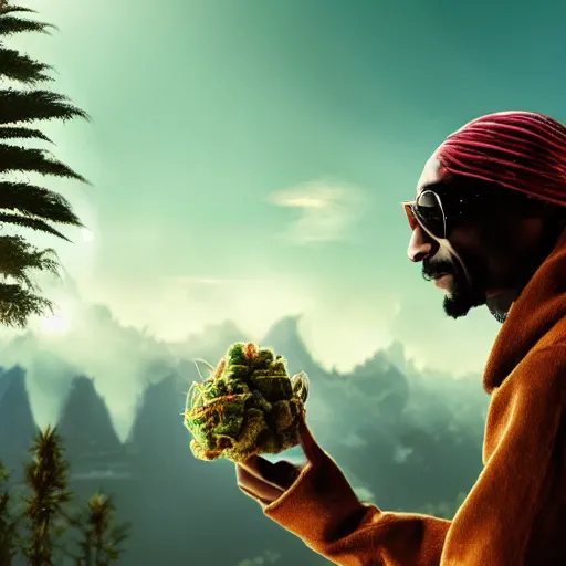 Image similar to beautiful giant marijuana bud as snoop dogg, weta 8 k hyper realistic detailed cinematic still, volumetric lighting surreal photorealism