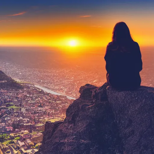 Prompt: a woman sitting on the edge of a cliff watching the sunset