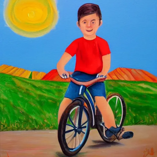 Image similar to a painting of a boy riding a bicycle in falaiscoglieklippantilado