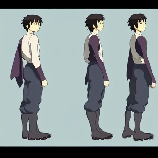 Image similar to a reference sheet containing three pictures of a hero by ghibli studio, front back view and side view, proportions, ready to model,