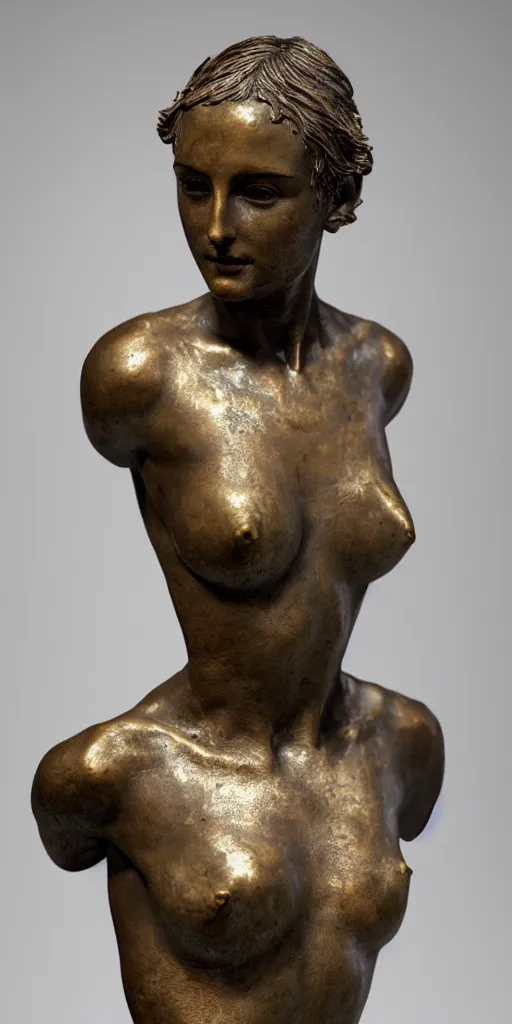 Prompt: detailed photo of an old bronze patina statue of cute nathalie portman, full body portrait, various classical pose, photorealism, intricate detail, museum diffuse lighting