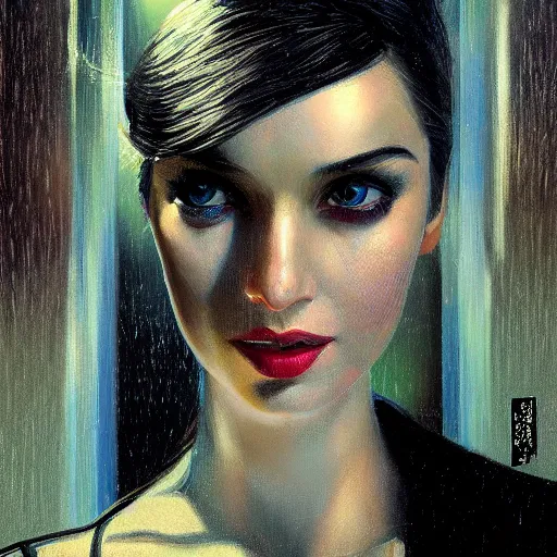 Image similar to detailed face of a woman, clockwork, moment, tectonic sky, skydome, bullet train, turbines, utopian, tech noir, wet reflections, prism, atmospheric, ambient, casey baugh, pj crook, syd mead, livia prima, edward hopper