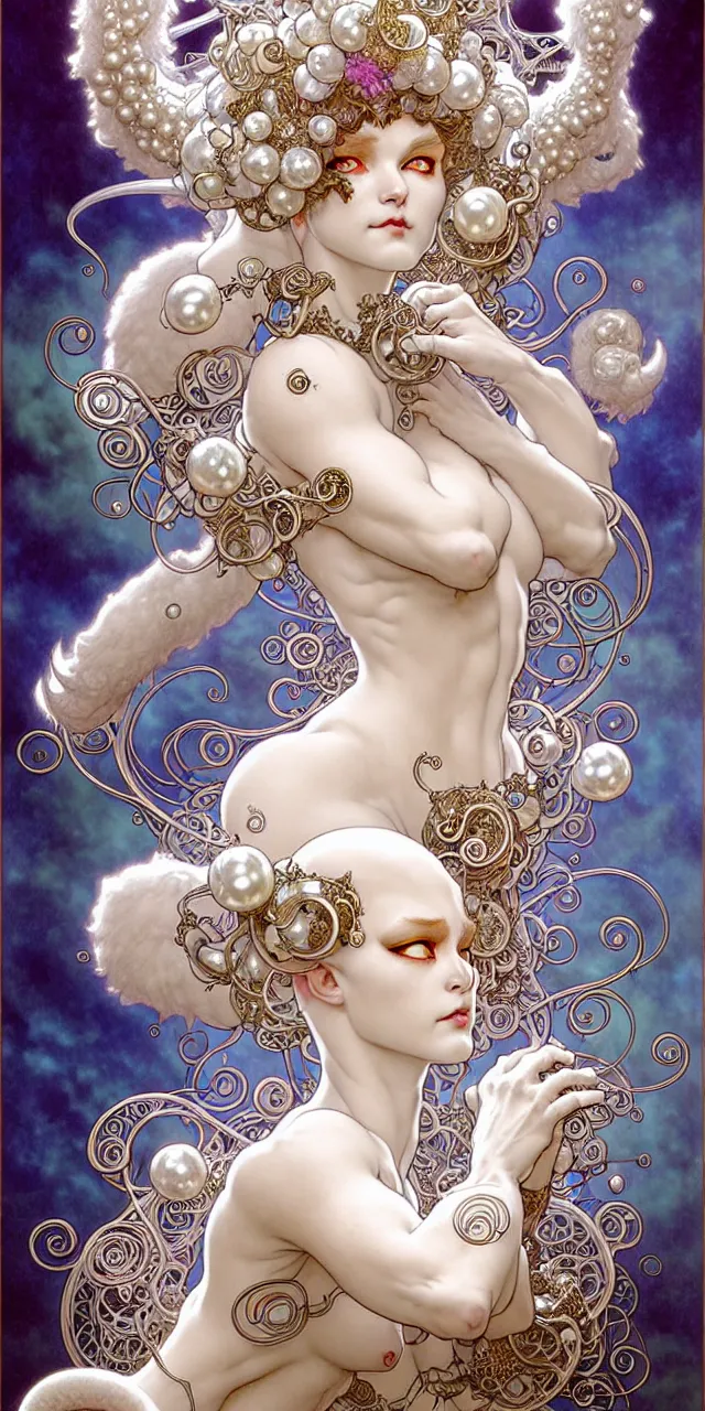 Image similar to beautiful white fluffy cat art nouveau fantasy character portrait, ultra realistic, intricate details, the fifth element artifacts, highly detailed by peter mohrbacher, hajime sorayama, wayne barlowe, boris vallejo, aaron horkey, gaston bussiere, craig mullins alphonse mucha, art nouveau curves swirls and spirals, flowers pearls beads crystals jewelry goldchains scattered