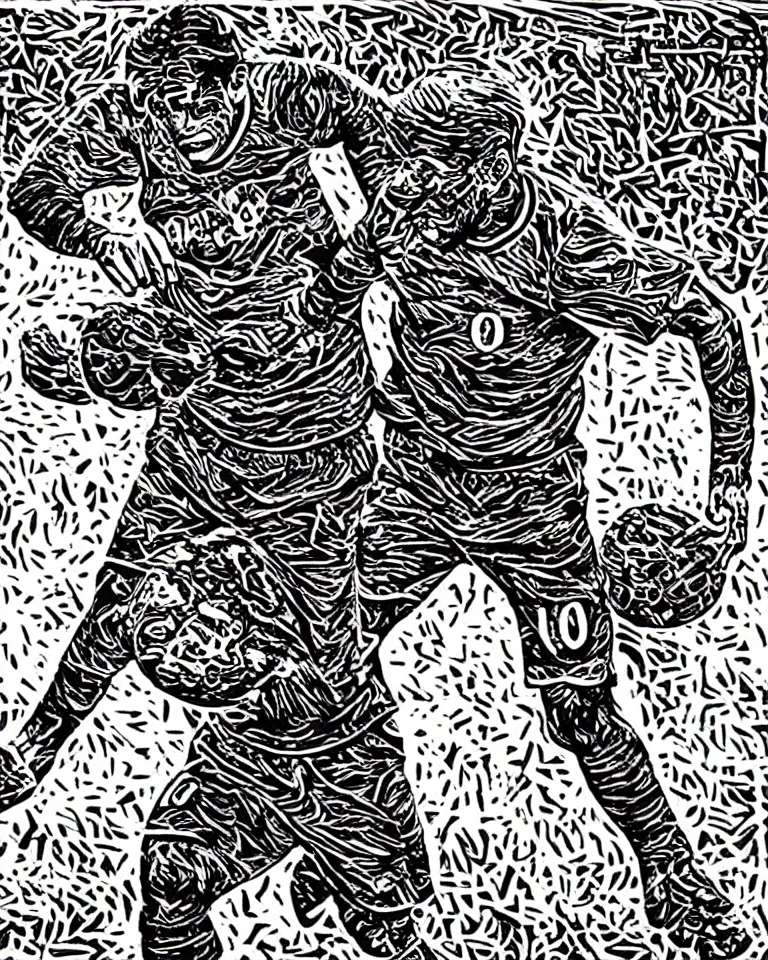 Prompt: a detailed lifelike linocut engraving of zico flamengo