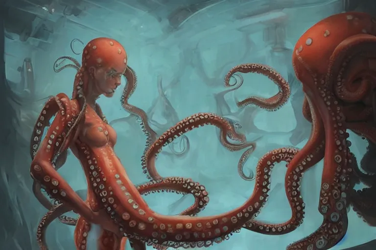 Image similar to a female body with octopus suction cups by by jesper ejsing, rending on cgsociety, retrofuturism, reimagined by industrial light and magic, darksynth, sci - fi