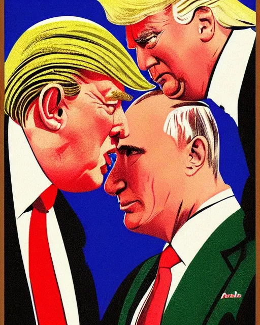 Prompt: vintage illustrated poster of Trump vs Putin wrestling match, hyper realism, high detail, vintage palette, old paper , 8k