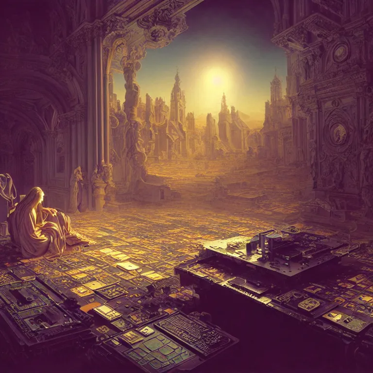 Image similar to motherboard, chip circuit, computer, dream - like atmosphere, baroque landscape painting, perfect composition, beautiful detailed intricate insanely detailed octane render trending on artstation, 8 k artistic photography, photorealistic, soft natural volumetric cinematic perfect light, chiaroscuro, award - winning photograph, masterpiece, raphael, caravaggio, greg rutkowski, beeple