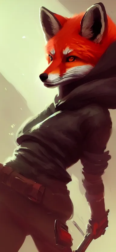 Image similar to a league of legends concept art of an anthropomorphic red fox in a black hoodie with scar on a face holding a gun, front view, artstation, digital art, oc commission, style by jordan grimmer and greg rutkowski, 4 k resolution