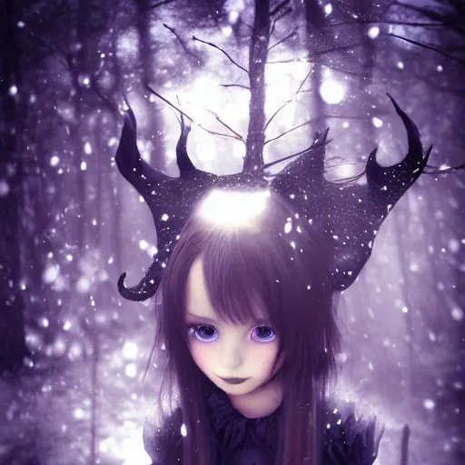 Prompt: focus face portrait of beautiful darkness witch 3D anime girl, dark forest background, snowing, bokeh, inspired by Tim Burton, digital painting, high contrast, unreal engine render, volumetric light, high détail