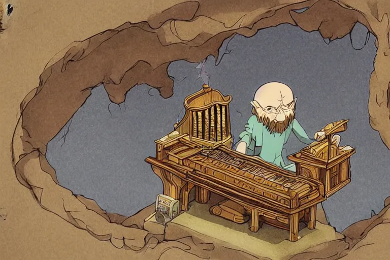 Image similar to A cell animation of an old wizard playing a magical pipe organ, Nausicaa of the Valley of the Wind, Miyazaki Hayao, ghibli style, illustration, anime, trending on artstaion