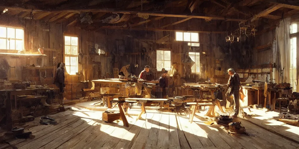 Image similar to simple craftsman fine woodworker building a wooden table in their well lit clean open workshop, art by anders zorn, wonderful masterpiece by greg rutkowski, beautiful cinematic light, american romanticism thomas lawrence, greg rutkowski