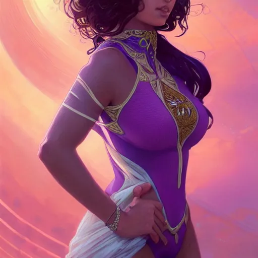 Image similar to Portrait of very very very very very very beautiful Latina woman, spacesuit, purple eyes, intricate, elegant, highly detailed, digital painting, artstation, concept art, smooth, sharp focus, illustration, art by artgerm and greg rutkowski and alphonse mucha