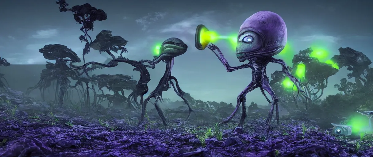 Image similar to grey alien with large black eyes holding an energy rifle on an alien planet with purple soil, green sky, blue and yellow fauna, alien creatures in the background, 3d render, Unreal Engine, octane render, ray tracing, Unity, highly detailed, high quality, HD, 4k, 8k, realistic, sharp, trending - H 768