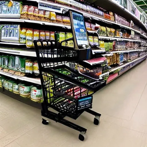 Prompt: a shopping cart made of unique technology, cameras, lasers, in the style of an apple product, futuristic, inside of a grocery store