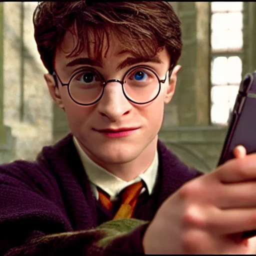 Image similar to movie screenshot of attractive harry potter holding an iphone in hogwarts, human face