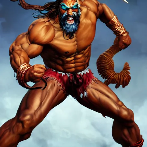 Image similar to jason momoa as dhalsim street fighter, ultra realistic, concept art, intricate details, highly detailed, photorealistic, octane render, 8 k, unreal engine, art by frank frazetta, simon bisley, brom