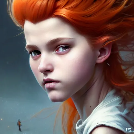 Image similar to portrait painting of a cute teenage girl with wild orange hair swept back wearing punk clothes, ultra realistic, concept art, intricate details, eerie, highly detailed, photorealistic, octane render, 8 k, unreal engine. art by artgerm and greg rutkowski and charlie bowater and magali villeneuve and alphonse mucha