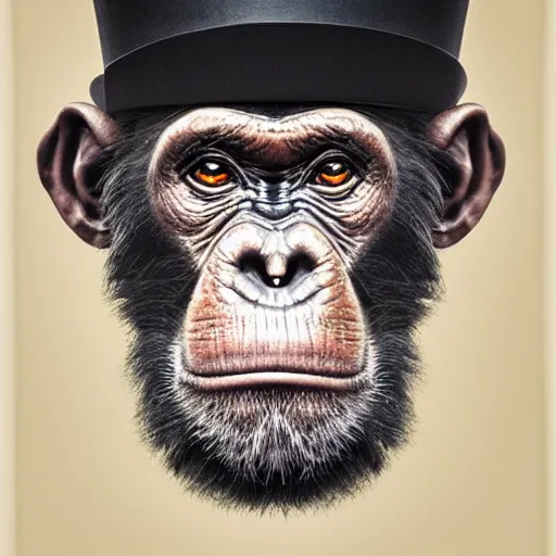 Image similar to a hyperrealistic portrait of a chimpanzee, with a top hat. photorealistic, highly detailed