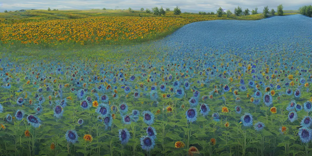 Prompt: A narrow dirt path through a field of blue sunflowers, game art matte painting hyperdetailed, artstation, cgsociety, 8k, surreal dream landscape