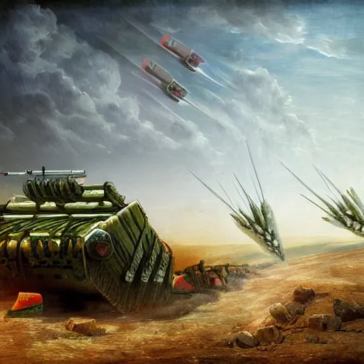 Prompt: Watermelon as military vehicle with epic weapons, launching rockets on a battlefield, russian city as background. Concept digital art in style of Caspar David Friedrich, Less watermelon more military vehicle, epic RTX dimensional dramatic light