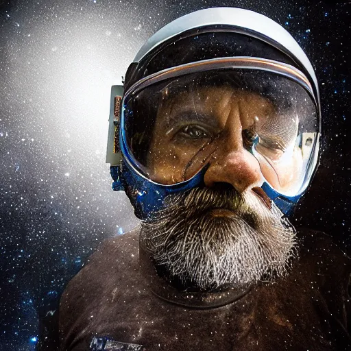 Image similar to space miner by Bruce Paddington, portrait, film, bearded, tense look, dusty atmosphere, mining in space, science fiction