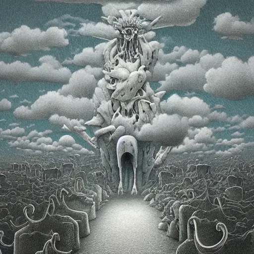 Image similar to a hyperrealistic brightly colored painting of a psychedelic alien nightmare, blue skies, by john kenn mortensen and zdzislaw beksinski, highly detailed, vivid color,