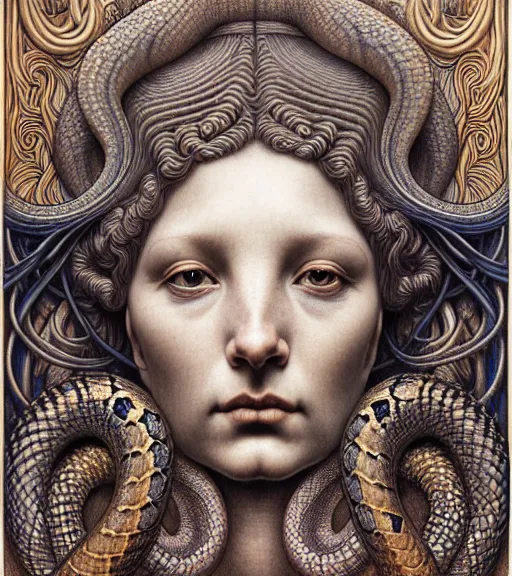 Image similar to detailed realistic beautiful snake goddess face portrait by jean delville, gustave dore, iris van herpen and marco mazzoni, art forms of nature by ernst haeckel, art nouveau, symbolist, visionary, gothic, neo - gothic, pre - raphaelite, fractal lace, intricate alien botanicals, ai biodiversity, surreality, hyperdetailed ultrasharp octane render