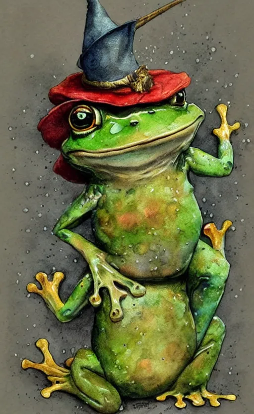 Image similar to detailed frog with a wizard hat by Jean-Baptiste Monge and frank frazetta , post processing, painterly, book illustration watercolor granular splatter dripping paper texture, ink outlines, painterly, trending on artstation, trending on pinterest childrens art