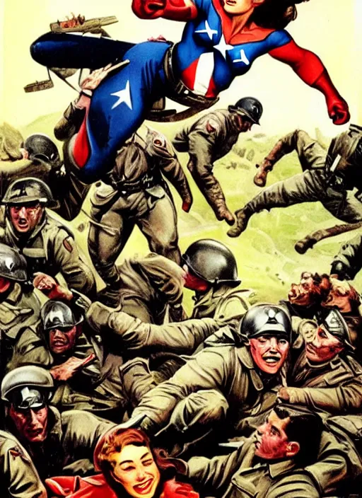 Prompt: beautiful south american female captain america standing on a pile of defeated, beaten and broken german soldiers. feminist captain america wins wwii. american wwii propaganda poster by james gurney. gorgeous face. overwatch